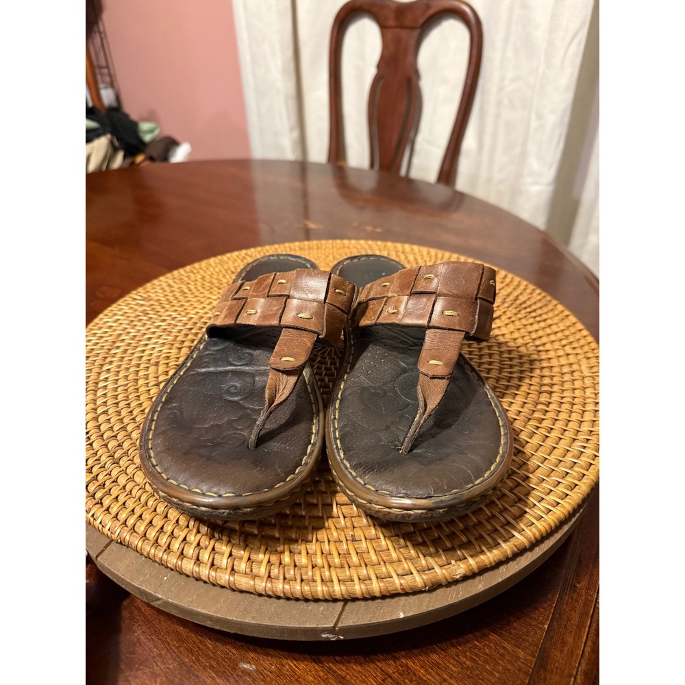 Born Brown Leather Woven Thong Sandals Slides Womens 7 M Boho - Picture 3 of 7